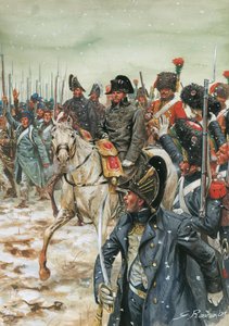 Viva o imperador! O imperador Napoleão I (1769-1821), a cavalo, rodeia o seu exército durante a campanha francesa de janeiro de 1814" - Guerra da Sexta Coligação, batalhas em França, o imperador Napoleão I rodeado pelo seu exército durante a campanha franc de Giuseppe Rava
