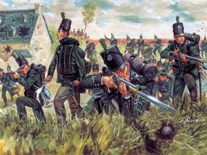 Guerra napoleónica: fuzileiros britânicos do 95º Regimento de Fuzileiros defendem uma pedreira de areia na Batalha de Waterloo 18/06/1815 - (Napoleonic wars: british riflemen defending a sand quarry during the battle of Waterloo on 18th June 1815) Ilustraç de Giuseppe Rava