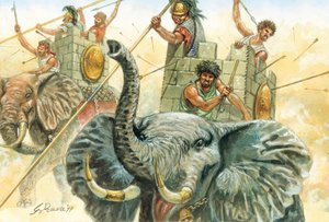 Antiguidade romana: os elefantes de Aníbal - representação dos elefantes que permitiram ao general Aníbal (247-183 a.C.) atravessar os Alpes em 218 a.C. durante a segunda guerra púnica Ilustração de Giuseppe Rava