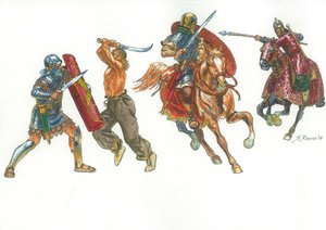 Legionário romano em luta com um guerreiro dácio e cavaleiro romano contra um catafractário sármata de Giuseppe Rava