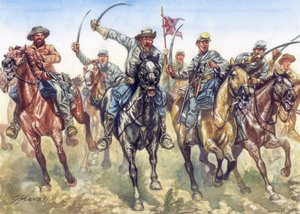 Guerra da Secessão (1861-1865) - Guerra civil americana: a cavalaria confederada a atacar - Ilustração de Giuseppe Rava de Giuseppe Rava