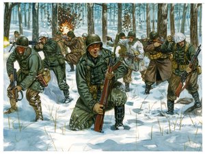 Segunda Guerra Mundial: ofensiva da infantaria americana na Batalha das Ardenas em Bastogne, dezembro de 1944 - Segunda Guerra Mundial: ofensiva americana durante a Batalha do Bulge, dezembro de 1944 - Ilustração de Giuseppe Rava de Giuseppe Rava