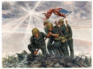 Segunda Guerra Mundial, Guerra do Pacífico: Batalha de Iwo Jima, vitória dos marines americanos em fevereiro de 1945 - WWII, Pacific war: Batalha de Iwo Jima (Operação Destacamento), os fuzileiros navais americanos erguem a bandeira americana, fevereiro de de Giuseppe Rava