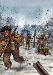 Segunda Guerra Mundial: Soldados escoceses durante o desembarque na Normandia, 6/06/1944 - Segunda Guerra Mundial, Dia D: Soldados escoceses no dia do desembarque na Normandia, 6 de junho de 1944 - Ilustração de Giuseppe Rava de Giuseppe Rava