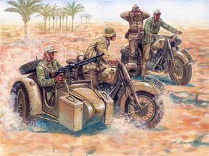 Segunda Guerra Mundial: os Deutsches Afrikakorps (DAK Afrika Korps)) a rolar no deserto da Líbia em sidecars BMW de Giuseppe Rava