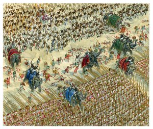Batalha de Hydaspes Alexandre e Porus em 327 a.C. - Alexandre, o Grande, continua a sua conquista do Vale do Indo - Alexandre, o Grande, contra o rei Porus durante a Batalha de Hydaspes - Ilustração de Giuseppe Rava de Giuseppe Rava