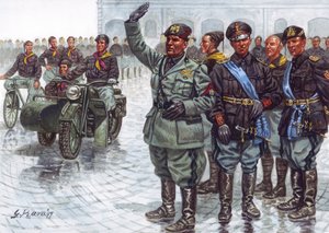 O Duce Benito Mussolini (1883-1945), acompanhado pelos seus Camisas Negras (Camicie nere), fazendo a saudação fascista durante uma parada militar - Benito Mussolini e os Camisas Negras durante uma parada militar - Ilustração de Giuseppe Rava de Giuseppe Rava