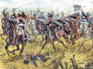 Os Hussardos da Morte do Exército Prussiano, cerca de 1810 - Hussardos do exército prussiano (Regimentos Leib-Husaren) 1810 ca - Ilustração de Giuseppe Rava