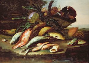 Natureza morta com peixes mortos e caça (óleo sobre tela)