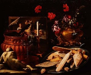 Natureza Morta com Flores numa Urna dourada, uma Pintura e Bolos numa Salva (óleo sobre tela)