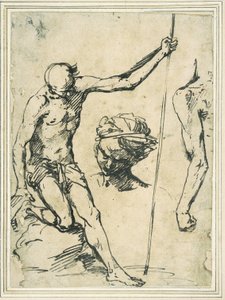 Estudos de figuras: homem segurando um poste, cabeça de homem com turbante e braço esquerdo visto por trás de Giuseppe Ribera