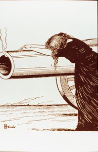 Primeira Guerra Mundial: uma alegoria de guerra, uma mulher, provavelmente viúva, em desespero, depende de um canhão ainda fumegante. Cartaz de Giuseppe Scalarini (1873-1948) 1914 Private Collection Atenção! O uso desta obra pode estar sujeito a um pedido  de Giuseppe Scalarini