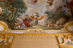 Representações do mito de Diana, de Domenico e Giuseppe Valeriani, fresco, teto abobadado do quarto, apartamento do rei, residência de caça, de Filippo Juvarra (1678-1736), Stupinigi, Piemonte, Itália de Giuseppe and Valeriani Domenico Valeriani
