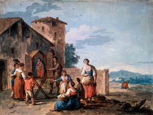 Um grupo de camponeses diante do tabernáculo com a estátua da Madona Permanente, c1750.