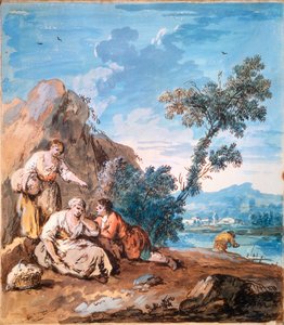 Três camponeses descansando em um banco de rio, c1750.