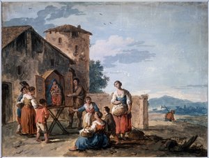 Um grupo de camponeses diante do tabernáculo com a estátua de Madonna em pé. Desenho de Giuseppe Zais (1709-1784). Têmpera e sépia sobre papel, 30,2 x 38 cm, cerca de 1750. Escola Veneziana de