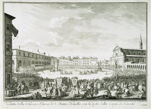 A festa de Corsa dei Cocchi na Piazza Santa Maria Novella. A festa de Corsa dei Cocchi na praça da Igreja de Santa Maria Novella em Florença. Desenho de Giuseppe Zocchi (1711-1767). Florença, Biblioteca Riccardiana. de Giuseppe Zocchi