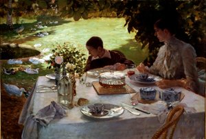 Café da manhã no jardim Uma mãe e seu filho sentados à mesa para o café da manhã observam gansos e patos no jardim. Pintura de Giuseppe de Nittis (1846-1894) 1884 Dim. 81x117 cm Barletta, Museo De Nittis