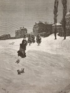 Está frio!, mulher caminhando na neve, gravura de uma pintura de Giuseppe De Nittis, desenho de Montefusco, L