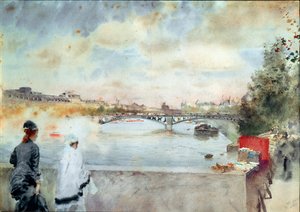 As margens do Sena Duas mulheres sentadas numa ponte em Paris olham em direcção ao rio, à direita os livreiros das docas. Aguarela de Giuseppe De Nittis (1846-1884) 1875 Galleria d