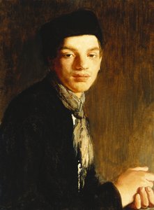 Um jovem, com metade do comprimento, usando um chapéu preto e um lenço no pescoço, c. 1911 (óleo sobre tela) de Glyn Warren Philpot