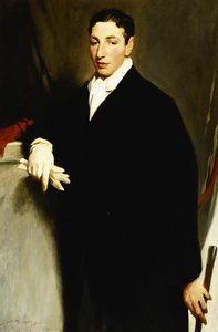 Retrato de Dennis Cohen, três quartos de comprimento, vestindo um casaco preto e uma luva branca e segurando uma bengala de Glyn Warren Philpot