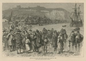 Os huguenotes em Inglaterra: Refugiados huguenotes franceses desembarcando em Dover em 1685 (gravura)