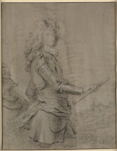 Retrato de três quartos de um comandante em armadura e com um bastão na mão direita. Ao fundo uma paisagem com uma cidade de Godfrey Kneller