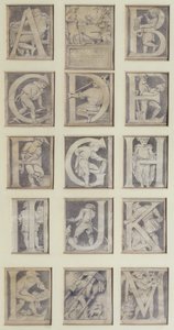 AM, projeto de treze letras para o alfabeto do South Kensington Museum, 1864 (lápis e cinza)