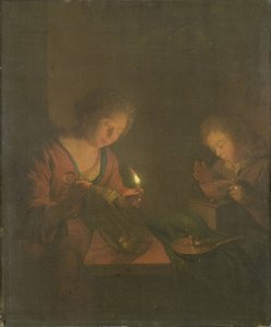 Fogo e Luz (Uma Menina coloca uma Vela numa Lanterna e um Rapaz Sopra no Carvão num Prato de Chafing-Dish) de Godfried Schalcken (attributed to)