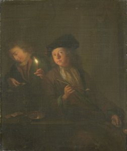 O Fumador (Um Homem com um Cachimbo e um Homem a Verter uma Bebida para um Vidro) de Godfried Schalcken (attributed to)