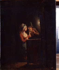 Um homem e uma mulher à luz de velas. Pintura de Godfried Cornelisz Schalcken (1643-1706). Óleo sobre tela, 31 x 25 cm. Arte holandesa, arte barroca. State Open Air Museum Palace Gatchina, São Petersburgo.