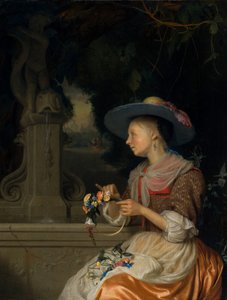 Mulher tecendo uma coroa de flores, c. 16751680.