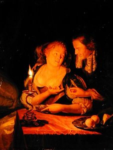 Um Cavalheiro Oferecendo um Anel a uma Senhora (óleo no painel) de Godfried Schalcken