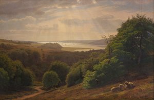Vista de Vesterskov por Mariager; ao fundo o fiorde
