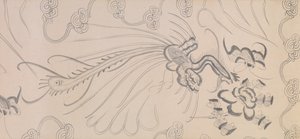 Detalhe de Cinco Cavalos de Homenagem (tinta e cor sobre papel) de Gonglin Li