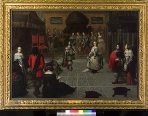Carlos II de Inglaterra (1630-1685) dançando em Haia (Países Baixos), em maio de 1660, provavelmente com a sua sobrinha Elizabeth van de Paltz (1616-1680), para a cerimónia de restituição do seu título de rei de Inglaterra de Gonzales Coques