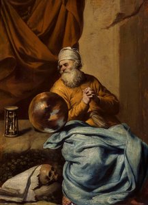 Homem velho com uma esfera, uma ampulheta, uma caveira e livros (Vanitas) de Gonzales Coques