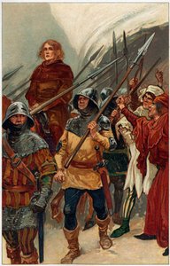 Cercado por homens armados, Wallace foi levado para Westminster Hall para ser julgado como traidor, ilustração de 
