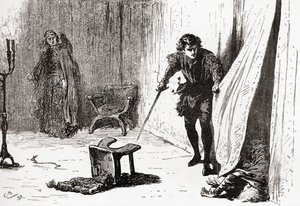 Uma cena de William Shakespeares interpreta Hamlet, Ato III, Cena 4, Hamlet: Desafortunado, imprudente, idiota intruso, adeus! Eu te tirei para o teu melhor, das obras de William Shakespeare, publicado 189