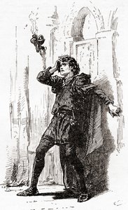 Uma cena de William Shakespeares toca Hamlet, Ato I, Cena 5, Hamlet: Lembra-te de ti! Ah, tu pobre fantasma, enquanto a memória ocupa um lugar neste globo distraído, de The Works of William Shakespeare, pu