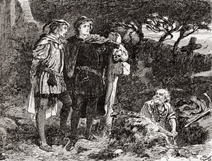 Uma cena de William Shakespeare interpreta Hamlet, Ato V, Cena 1, Hamlet: Eu o conheço, Horatio, um sujeito de gracejo infinito, da mais excelente fantasia, de The Works of William Shakespeare, publicado em 1896 (e