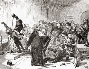 Uma cena de William Shakespeares toca Hamlet, Ato V, Cena 2, Hamlet: O ponto de ataque também! Então, veneno, para o teu trabalho. (Stabs the king), de Os Trabalhos de William Shakespeare, publicado em 1896 (engrav