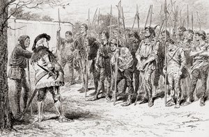 Uma cena de William Shakespeares tocar King Henry IV, Parte 1, ato IV, cena 2, Falstaffs regimento irregular, de The Works of William Shakespeare, publicado em 1896 de Gordon Frederick Browne