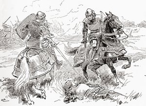 Uma cena de William Shakespeares tocar King Henry IV, Parte 1, Act V, Cena 3, Conde de Douglas: Alls feito, alls ganhou, aqui sem fôlego reside o rei, de The Works of William Shakespeare, publicado em 1896 de Gordon Frederick Browne