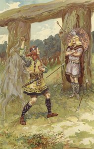 Hodur pegou o visco de Loki, e Loki guiou seu braço, e ele atirou em Baldur, e com um grito agudo, Baldur caiu morto (cromolitho)