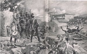 Como o 57º Regimento ganhou o apelido de "The Die Hards" na Batalha de Albuera, 16 de maio de 1811, ilustração de "Batalhas Britânicas na Terra e no Mar", publicado por Cassell, Londres, c.1910 de Gordon Frederick Browne