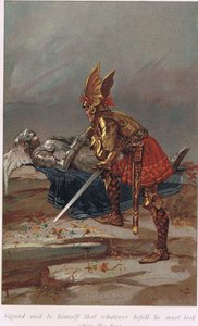 Sigurd disse para si mesmo que, o que quer que tenha acontecido, ele deve olhar no rosto, ilustração de "O Livro das Sagas", de Alice S. Hoffman, publicada em 1926. de Gordon Frederick Browne