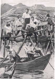 A construção da ponte sobre o Guadiana, a 3 de abril de 1811, ilustração de "Batalhas britânicas na terra e no mar", publicada por Cassell, Londres, c.1910 de Gordon Frederick Browne