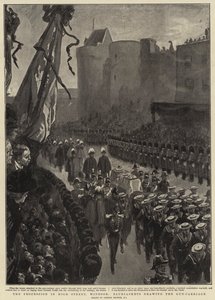 A procissão em High Street, Windsor, Bluejackets, desenhando o transporte de armas de Gordon Frederick Browne